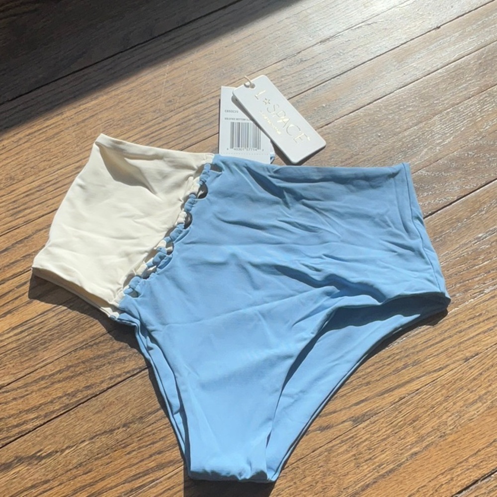 L space S Solstice Blue and Cream High-Waisted Bikini Bottoms
